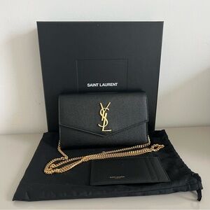 YSL Saint Laurent Uptown Leather Wallet On Chain Black